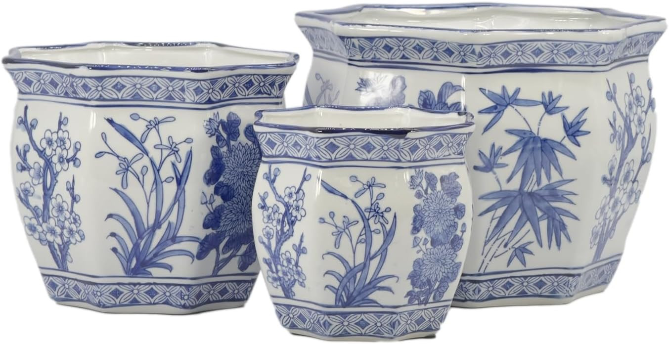 Galt International Blue & White Round Fluted Floral Palm Lotus Porcelain Ceramic Plant Flower Pla... | Amazon (US)