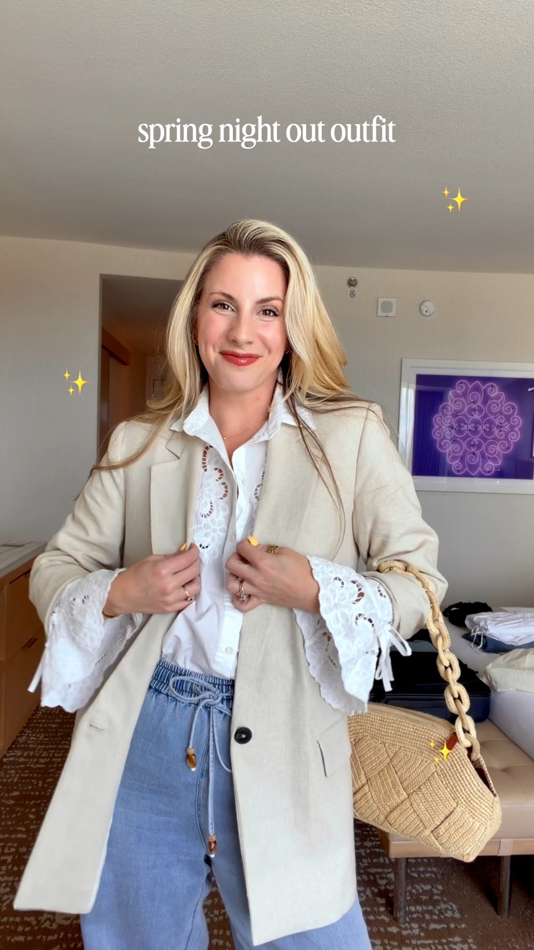 A chic spring night out outfit built around statement denim, effortless layers, and elevated accessories 🤍

I styled my Fabrique floral cut out jeans with the Sézane Raphaelle shirt, an oversized linen blazer, and my Sézane Isabelle bag for the perfect cool girl dinner outfit. This is one of my favorite ways to make statement jeans feel polished, elevated, and wearable for spring and summer nights out.

If you love effortless chic outfits, quiet luxury style, Sézane styling, capsule wardrobe outfits, elevated casual looks, and feminine fashion inspiration — welcome 🤍

#LTKootd #LTKSeasonal #LTKWorkwear