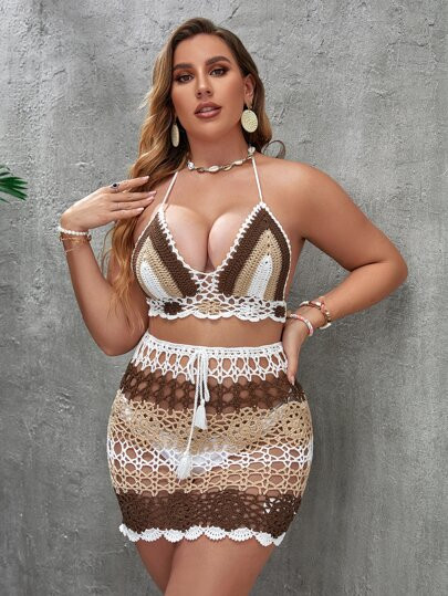 2pack Plus Crochet Halter Cover Up Top With Skirt | SHEIN