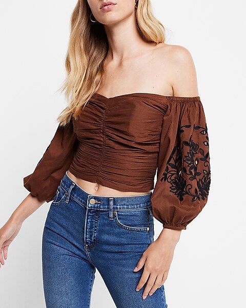 Embroidered Off The Shoulder Cropped Top | Express