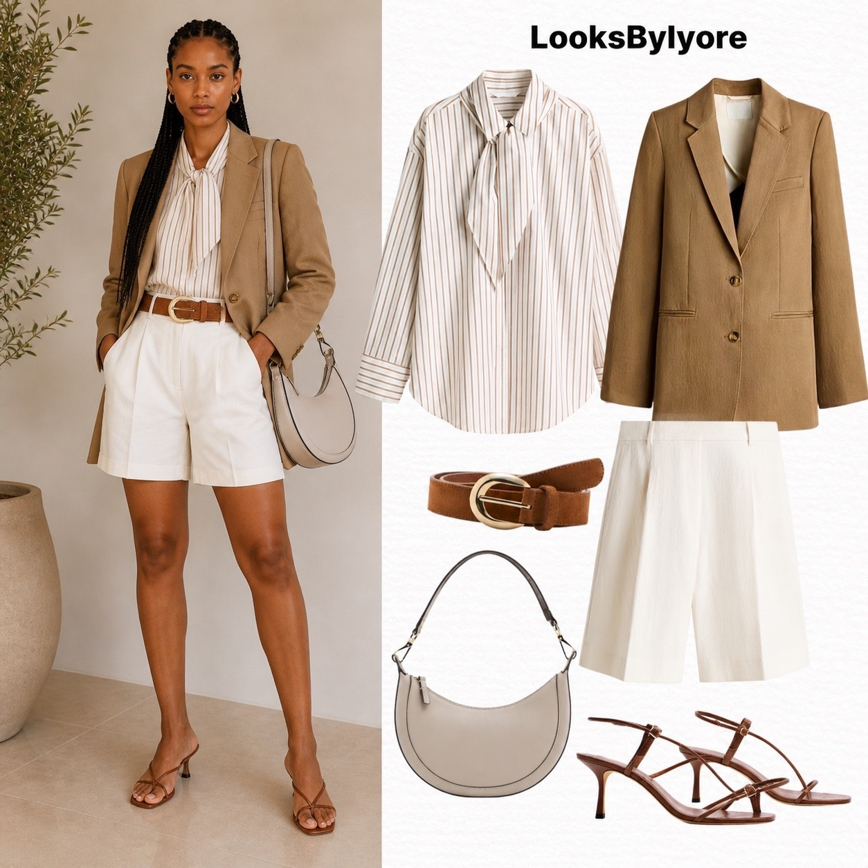 Oversized blazer, striped shirt with tie, white Bermuda shorts, brown sandals  

#LTKcanada #LTKshoes #LTKstyletip