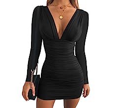 GOBLES Women's Sexy Long Sleeve V Neck Ruched Bodycon Mini Party Cocktail Dress | Amazon (US)
