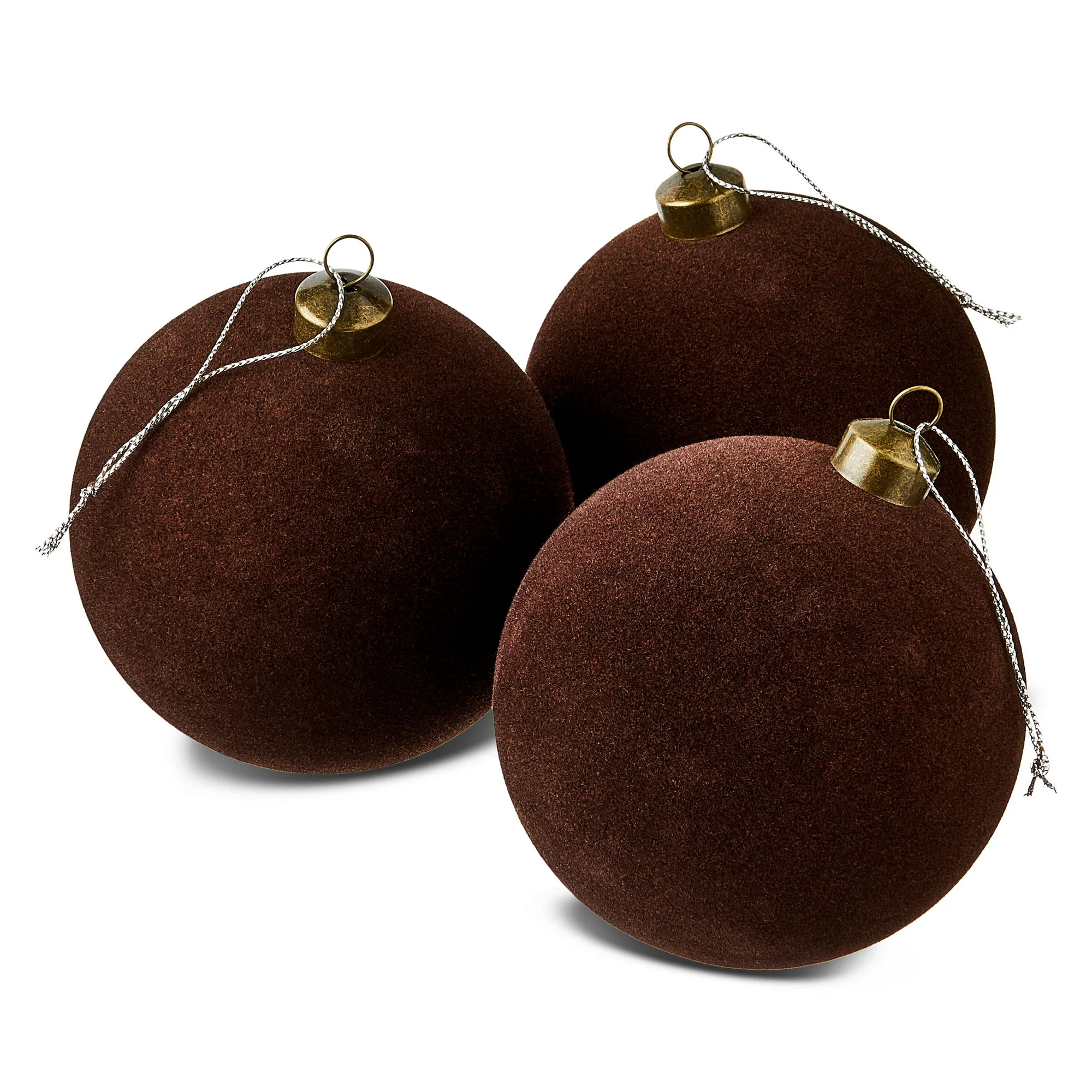 Dark Brown Flocked Ball Christmas Ornaments, 4.5", 4 Count, by Holiday Time | Walmart (US)