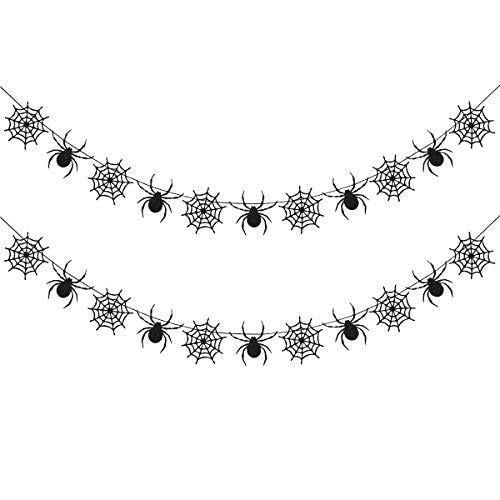 2Pcs Black Glitter Spider Garland Halloween Spider Banner, Hanging Spider Web Banner Spiderweb Garland for Haunted Mansion Home Mantle Fireplace Halloween Party Decorations | Amazon (US)