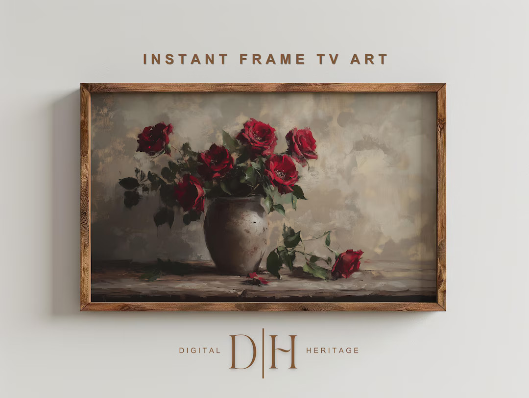 Red Roses Valentines Day Samsung Frame TV Art Vintage Botanical Flowers Oil Painting Floral Moody... | Etsy (US)