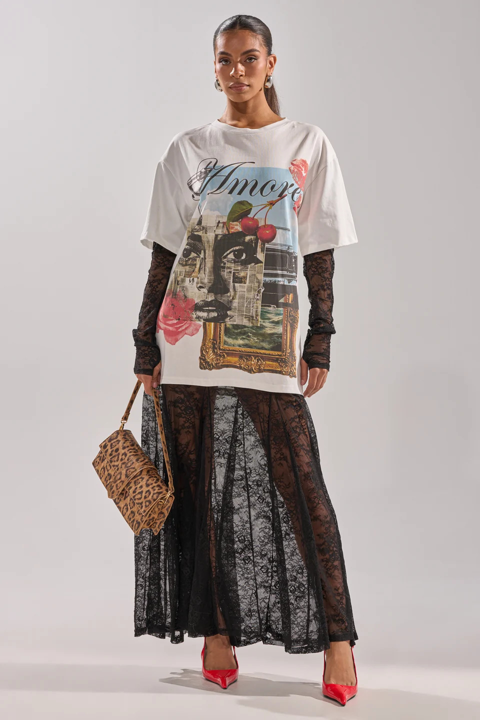GIRLY BUT NOT LAYERED LACE MIDI DRESS WITH GRAPHIC | AKIRA