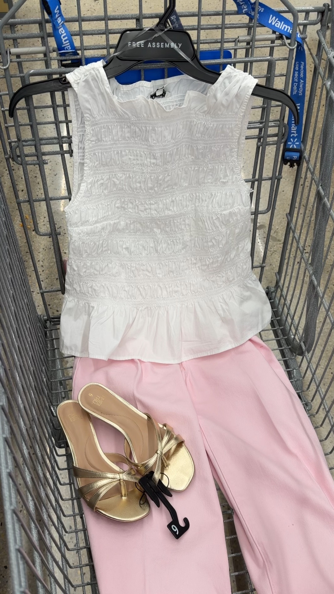 Walmart pink jeans and white ruched top with gold kitten heel sandals outfits idea for spring/summer #walmartfashion