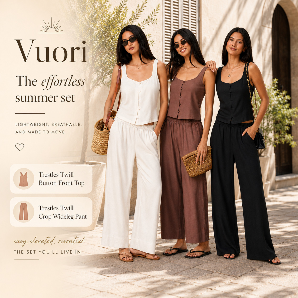 @Vuori US Summer Chic | Trestles Twill Top & Wideleg Flowy Pants ☀️ 

Vuori Summer Vacation Set You’ll Actually Live In 🤍

This is the kind of Vuori set that makes getting dressed feel effortless — lightweight, breathable, polished, and comfortable enough to wear all day. 

The Trestles Twill Button Front Top and Trestles Twill Crop Wideleg Pant give that easy elevated summer outfit look without feeling stiff, fussy, or overdone.

It’s perfect for the days when you want to look put together but still feel relaxed — vacation mornings, summer travel days, brunch, resort dinners, beach-town walks, casual office days, coffee runs, and European summer outfits where you want that clean, expensive-looking vibe with zero overthinking.

What makes this set worth it is how wearable & packable it is!!

The matching top and wide-leg pants look instantly styled together, but you can also mix each piece into your closet with tanks, linen shirts, sandals, woven bags, denim, or swimwear. 

It’s one of those easy summer sets that feels like a full outfit with almost no effort — exactly why I’d pack it first.

I did the digging for you and linked the Vuori Trestles Twill Button Front Top + Trestles Twill Crop Wideleg Pant so you can recreate the full look.

↓ Everything is linked!

#LTKActive #LTKSaleAlert #LTKTravel