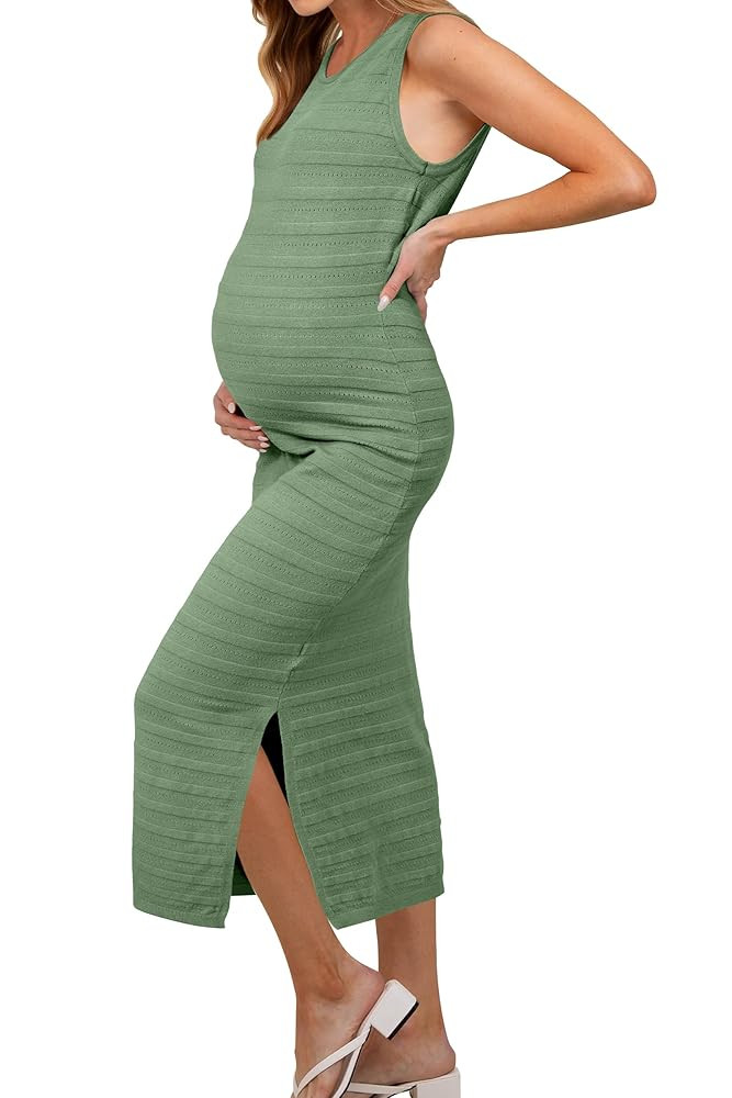 OUGES Vestido de maternidad de verano 2025 para mujer, de punto, sin mangas, cuello redondo, vest... | Amazon (US)
