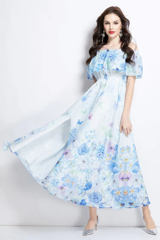 WOMEN FASHION LONG MAXI DRESS BLUE FLORAL / M | Styledwell Boutique