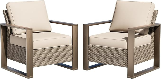 Patio Metal Wicker Chairs Set of 2, All Weather Outdoor Rattan Dining Chairs with Rectangular Fra... | Amazon (US)