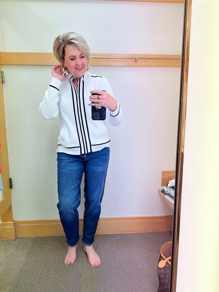 Talbots Try On | 
Medium in the jacket 
Large in the tee
Size 8 jeans | I size down, they’re very relaxed

#LTKworkwear #LTKtravel #LTKFind