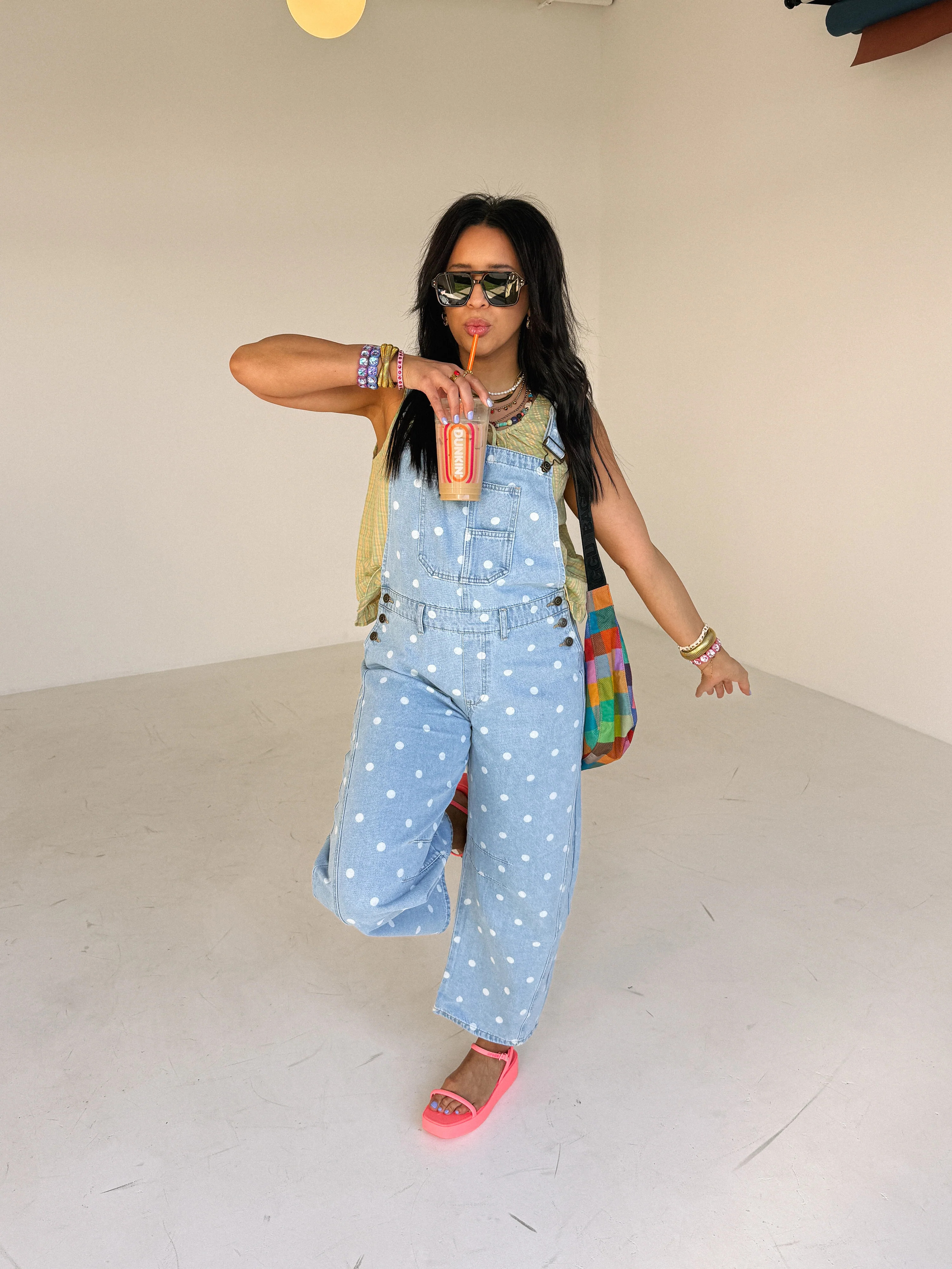 denim polka dot barrel leg overalls | Etta+East