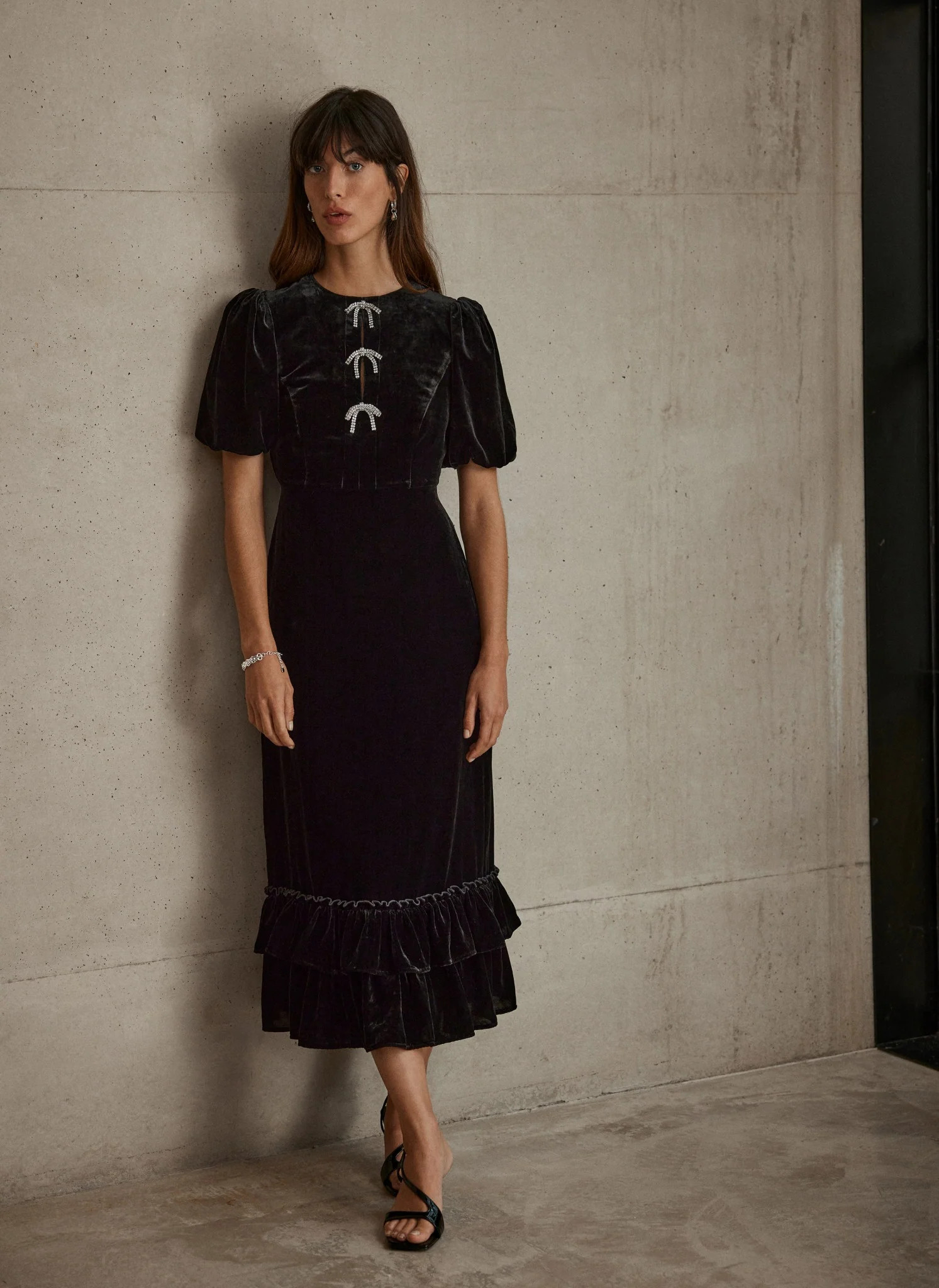 Black Velvet Bow Detail Midi Dress | Mint Velvet