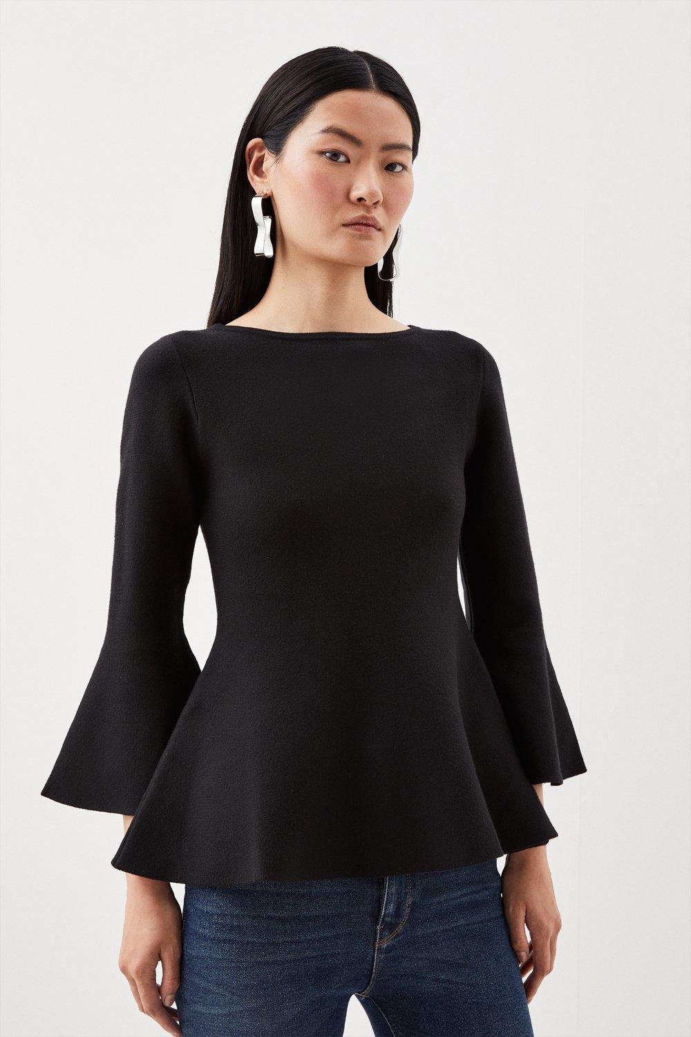 Compact Wool Look Knit Bell Sleeve Top | Karen Millen UK + IE + DE + NL