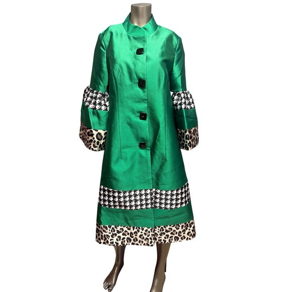 EY Boutique Green Mixed Print Leopard Houndstooth Puff Sleeve Button Coat Sz 8 | Poshmark