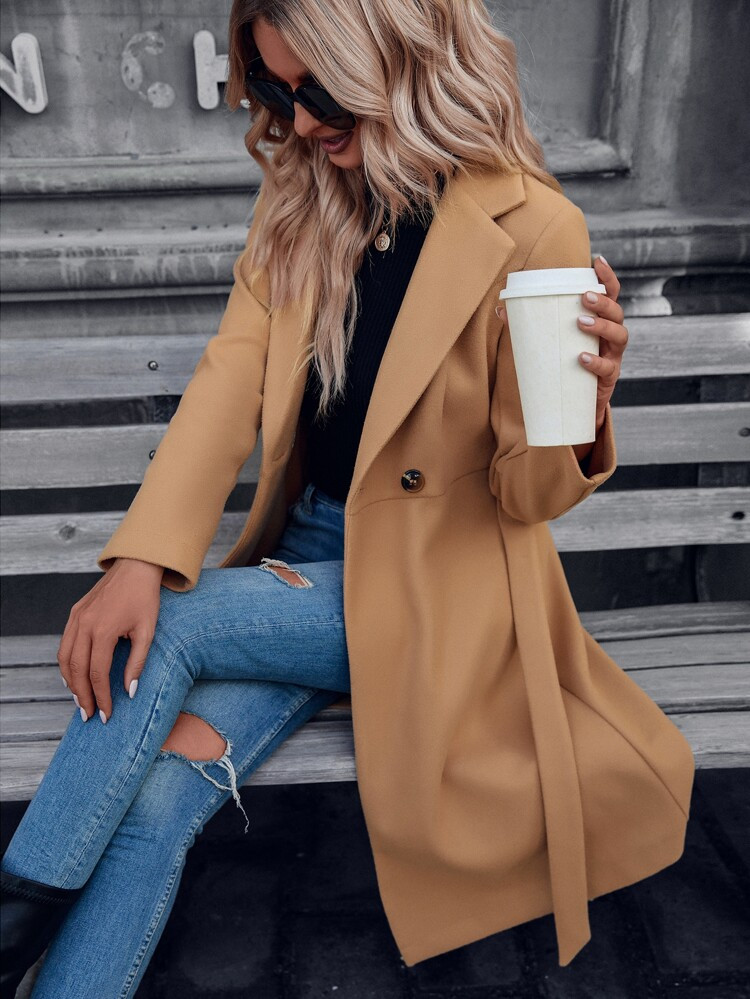 Double Button Belted Tweed Overcoat | SHEIN