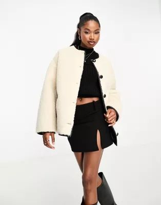 4th & Reckless button detail faux shearling jacket in cream | ASOS (Global)