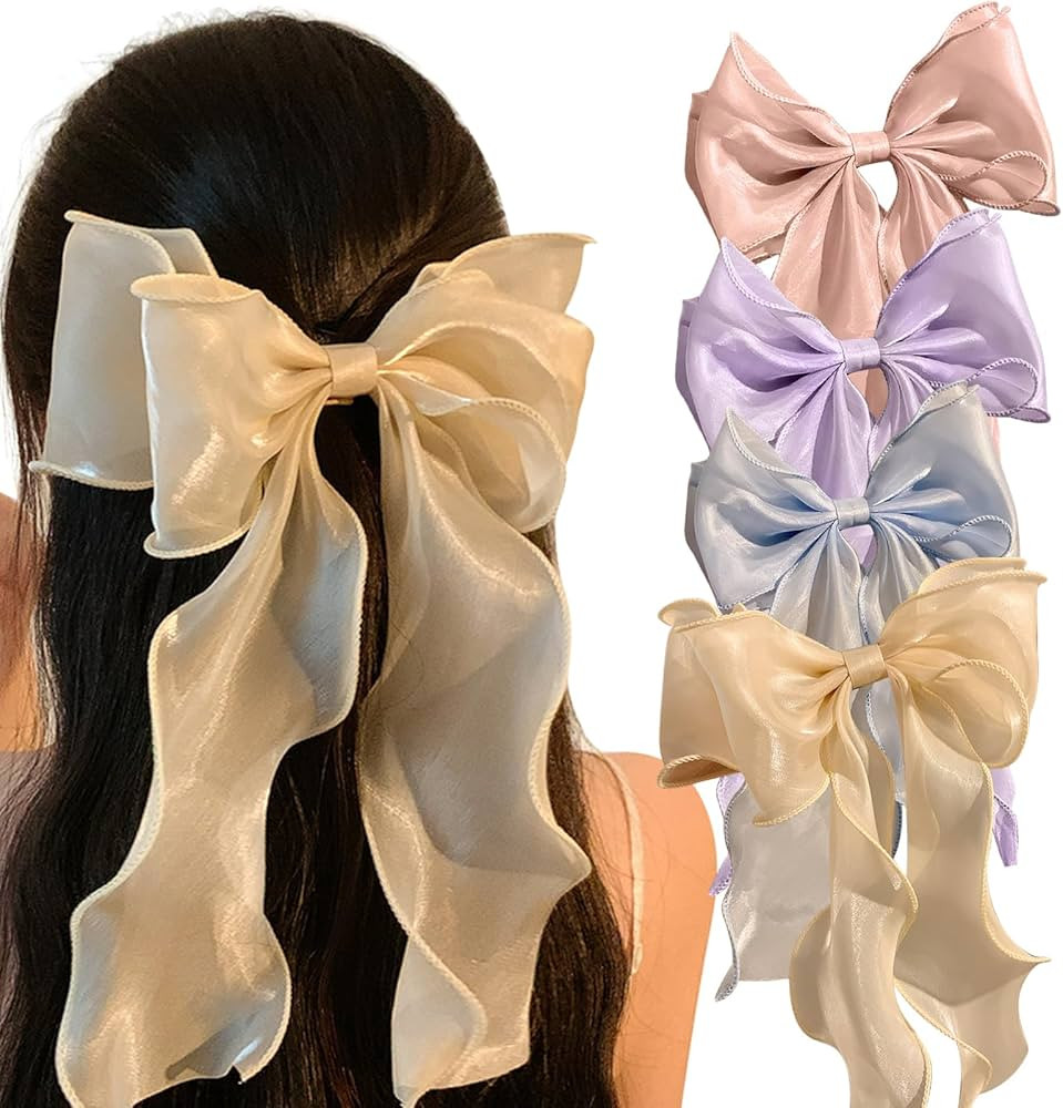 Souarts Large Hair Bows for Girls Big Silk Long Ribbon Hair Bows for Women Solid Color Super Fair... | Amazon (US)