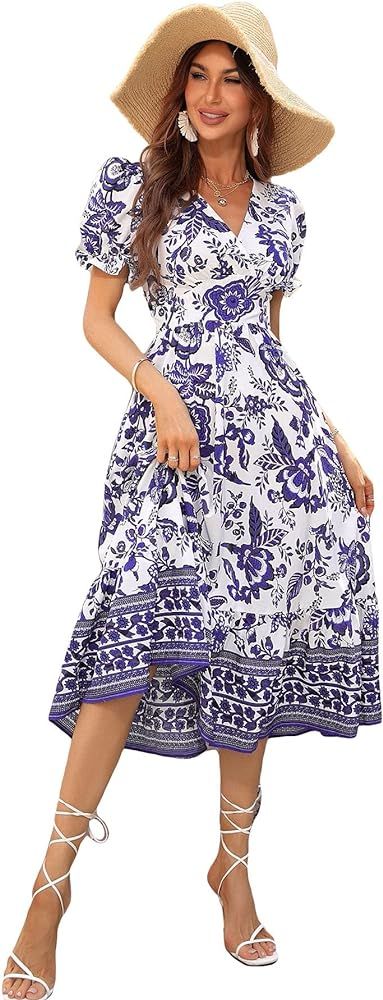 Cozyease Women's Allover Floral Print A Line Dress Puff Sleeve Surplice Neck Maxi Dress | Amazon (US)