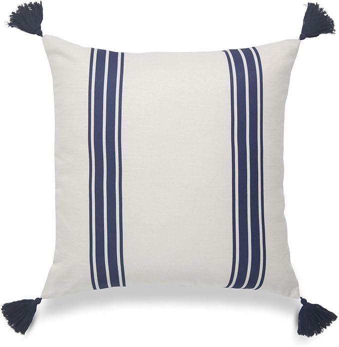 Coastal Decorative Throw Pillow Cover ONLY, for Couch, Sofa, or Bed, Navy Blue Striped Tassel, 20... | Amazon (US)