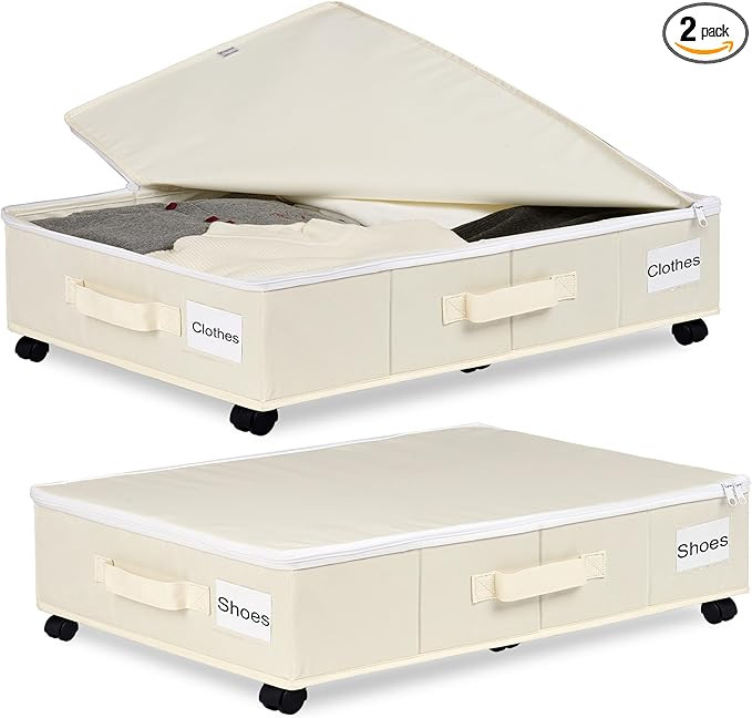 Under Bed Storage with Wheels, 2 Pack Under Bed Storage Containers with Label Holders for Clothes... | Amazon (US)