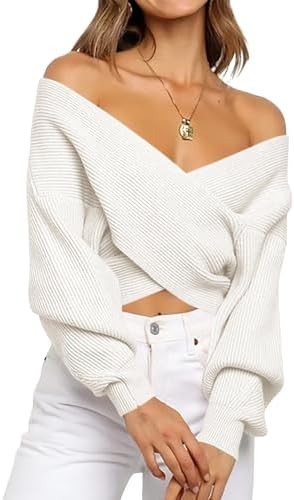 BTFBM Off The Shoulder Sweater for Women Winter Fall Fashion 2025 V Neck Long Sleeve Ribbed Knit ... | Amazon (US)