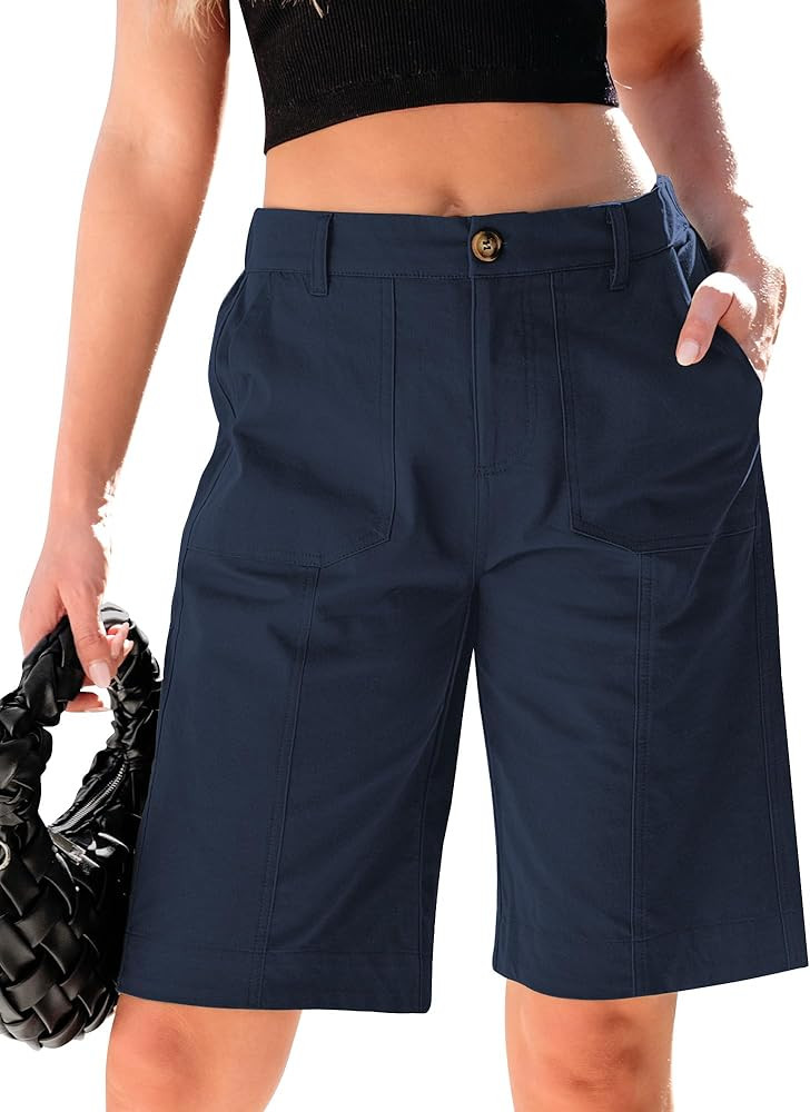 luvamia Bermuda Shorts for Women Knee Length High Waisted Cotton Elastic Waist Summer Dressy Casu... | Amazon (US)