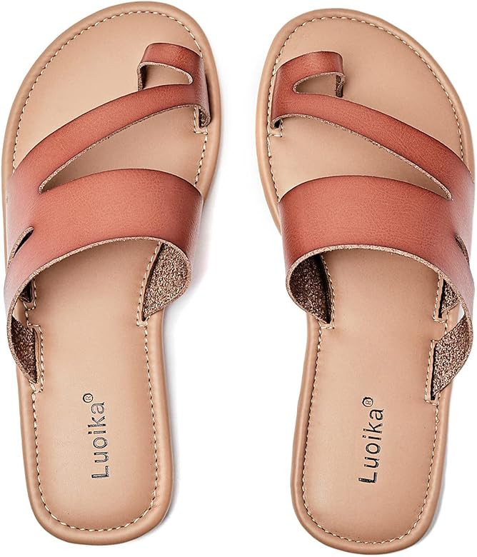 Luoika Women's Wide Width Flat Sandals, Flip Flop Slides Sandal Casual Strapy Sandal Slip on Summ... | Amazon (US)