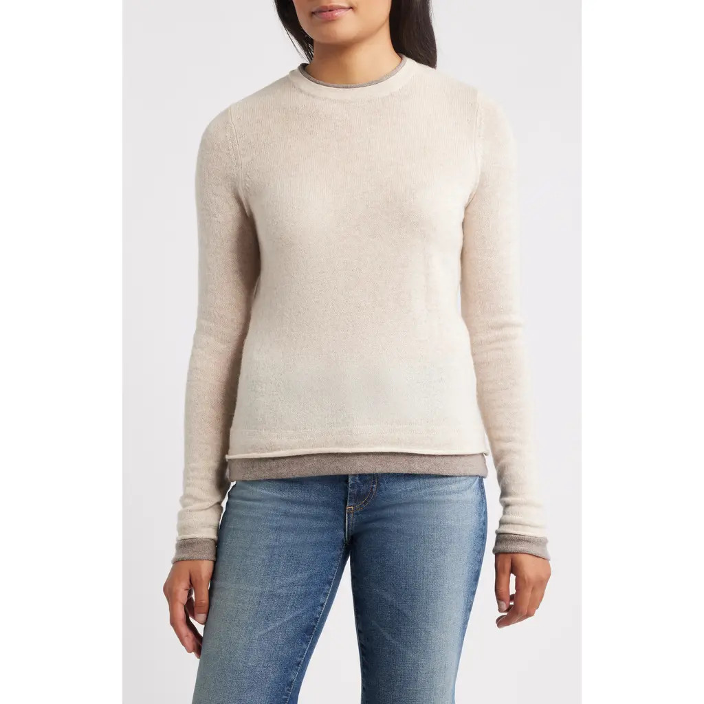 Griffen Double Trim Wool & Cashmere Crewneck Sweater in Oat/Mink at Nordstrom Rack, Size Large | Nordstrom Rack