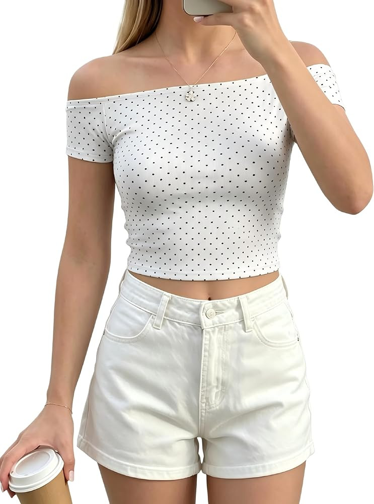Polka Dot Top Off The Shoulder Tops for Women 2026 Summer Short Sleeve Crop Y2K Going Out Tee Shi... | Amazon (US)
