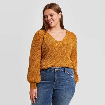 Women's Plus Size V-Neck Balloon Sleeve Chenille Pullover Sweater - Ava & Viv™ | Target