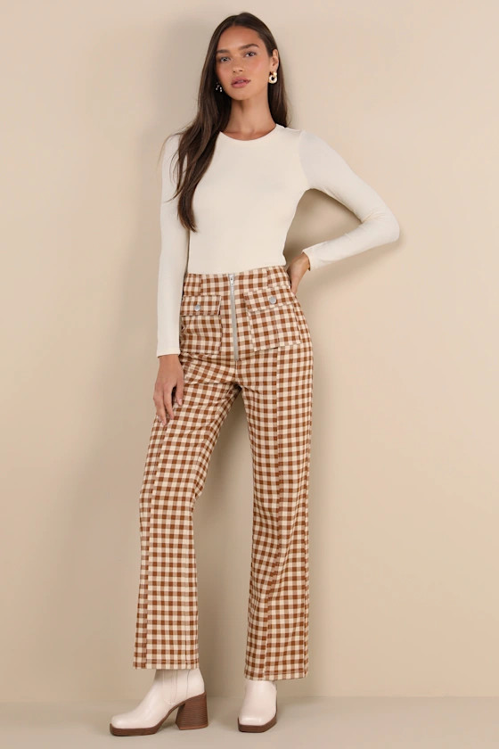 Adorably Classic Rust and Beige Gingham High-Rise Pants | Lulus