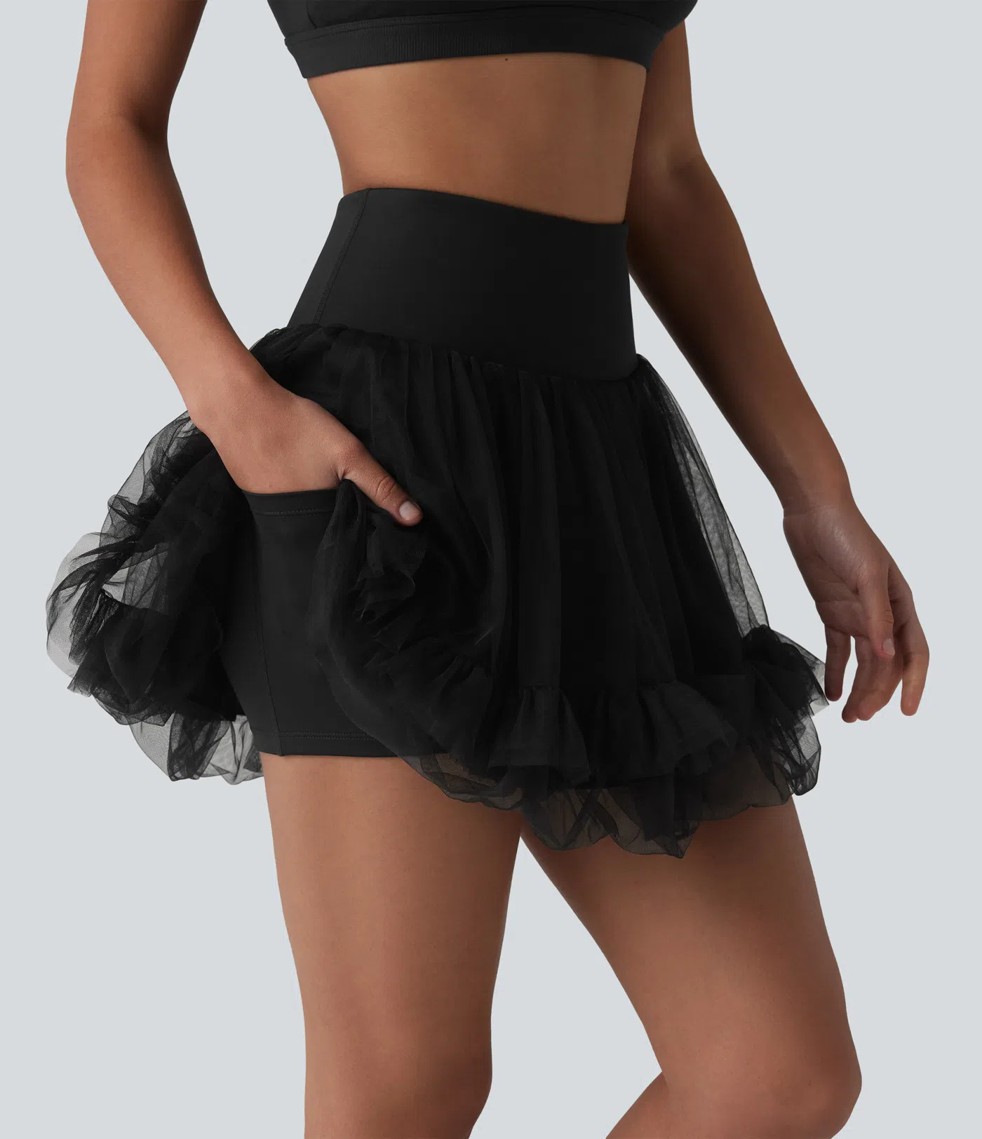High Waisted Tummy Control Contrast Mesh 2-in-1 Mini Workout Skirt with Pockets | HALARA