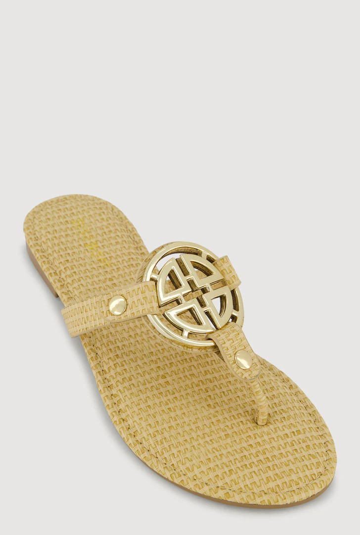 Metallic Geometric Pendant Studded Thong Sandals | Rainbow Shops