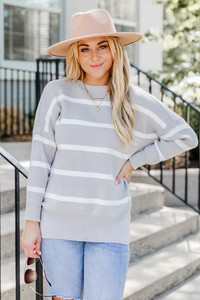 Crushing On You Grey Striped Crew Neck Sweater | Pink Lily