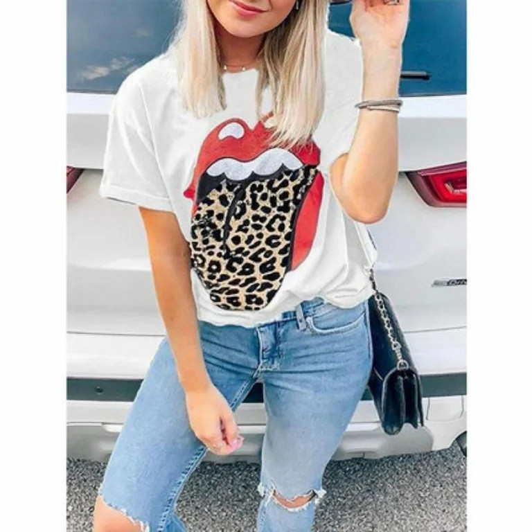 Rolling Stones T-Shirt Women's Cheetah's Tongue Tee White with Red Lips animal | Walmart (US)