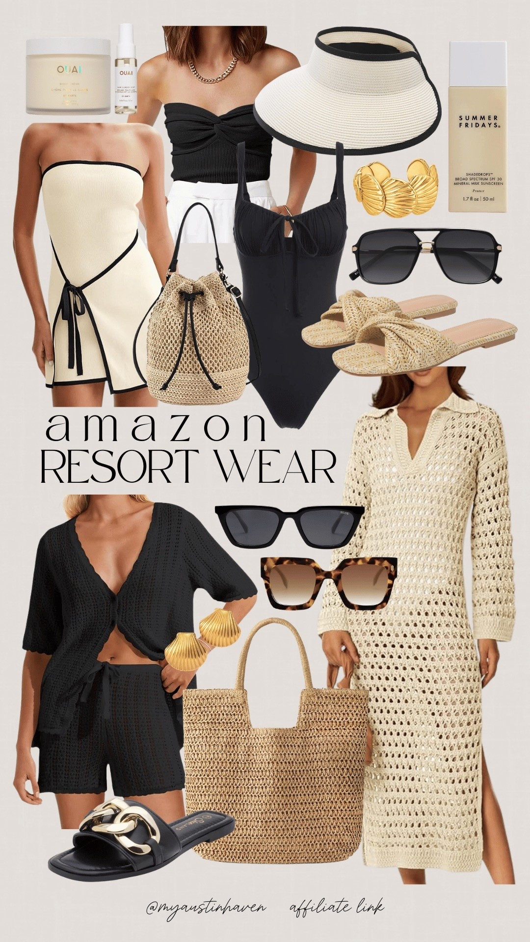 Resort wear from Amazon but make it elevated. 🖤 Effortless swim, chic coverups, woven bags & polished accessories for your next warm-weather escape. 

Amazon resort wear, vacation outfits, beach coverup, crochet dress, black one piece, strapless mini dress, woven tote, straw bag, summer slides, designer inspired sandals, sun visor, oversized sunglasses, tortoise frames, gold statement earrings, vacation style, poolside outfit, cruise wear, tropical getaway, chic summer, neutral fashion. 

 

#LTKHome #LTKootd #LTKSeasonal