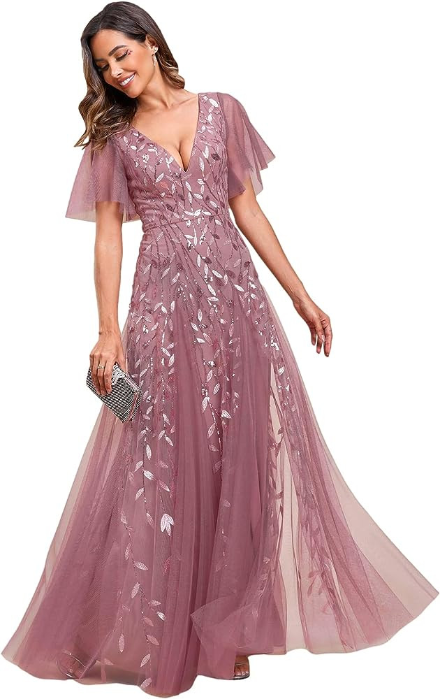 Ever-Pretty Women's Sequin Sparkly V-Neck Short Sleeve Maxi Evening Dress 00734 | Amazon (US)