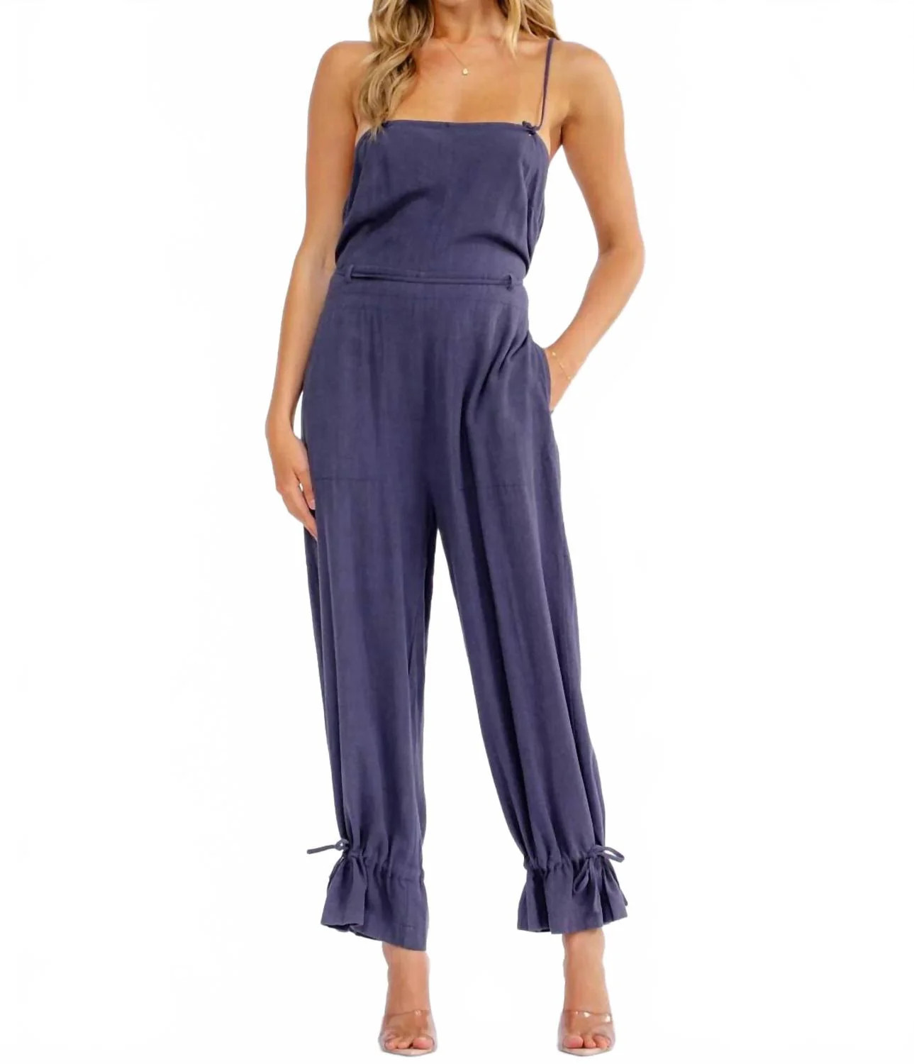 Sleeveless Square Neck Open Back Jumpsuit In Dark Navy Blue | Shop Simon