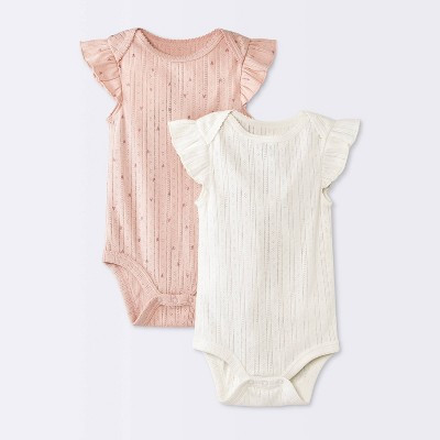 Baby Girls' 2pk Hearts Ruffle Sleeve Pointelle Bodysuit - Cloud Island™ Pink 6-9M | Target