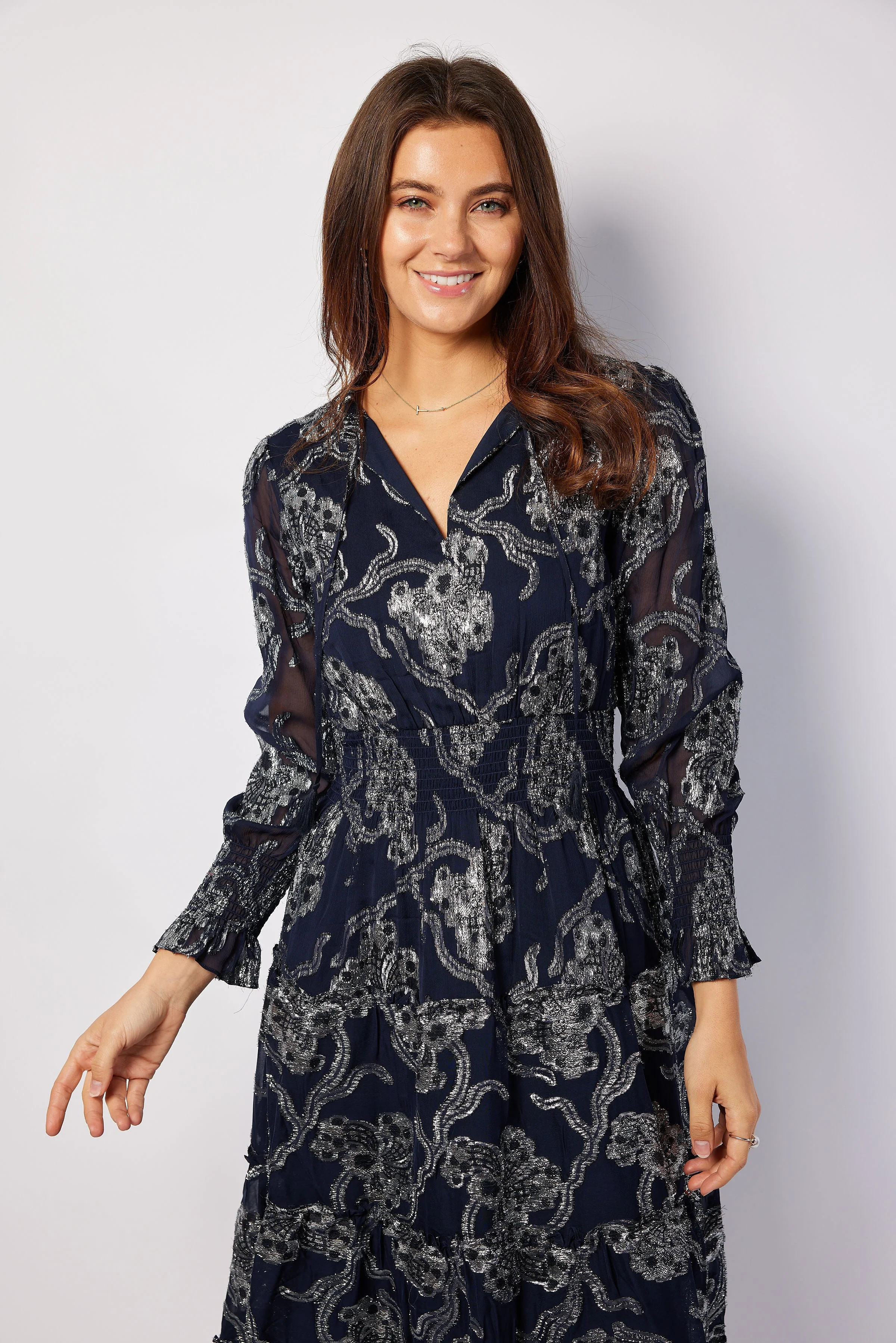 Navy Metallic Smocked Waist Midi Dress | Sail to Sable