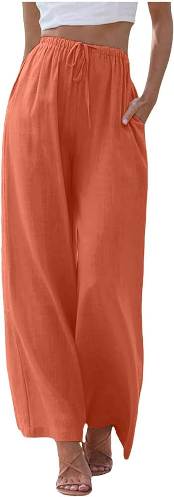 Womens Linen Pants Casual Wide Leg Pants Summer Palazzo Pants Loose Flowy Beach Pants Drawstring ... | Amazon (US)