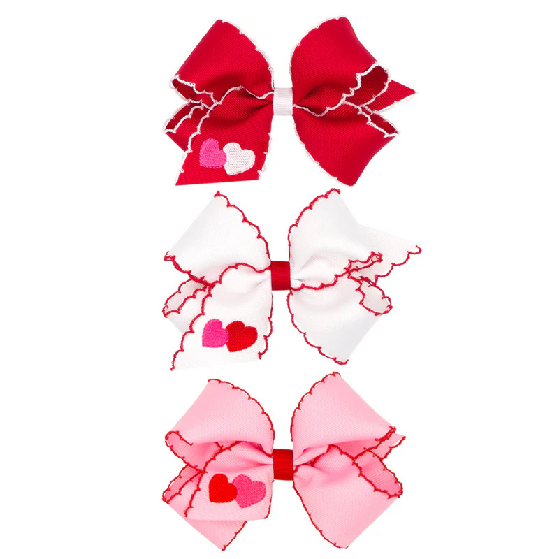 Embroidered Double Heart Moonstitch Bow | Classic Whimsy