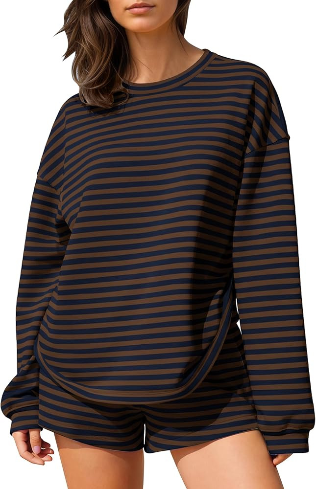 MISSACTIVER Women's Striped Lounge Set Long Sleeve Tee Shirts Drawstring Wide Leg Shorts Matching... | Amazon (US)