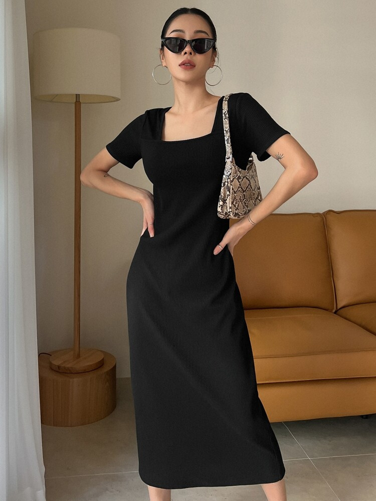 DAZY Square Neck Rib-knit Dress | SHEIN