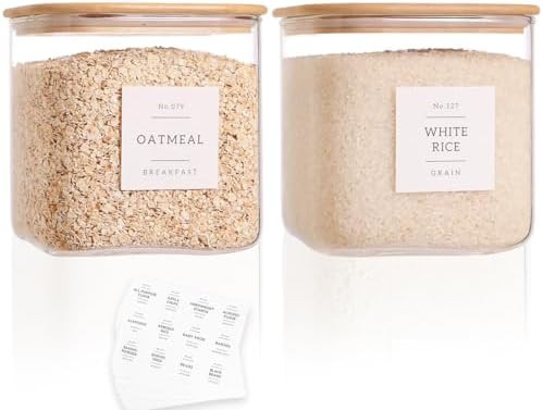 2 Pack Square Glass Flour and Sugar Containers with 132 Kitchen Pantry Labels - Thicken 85 FL OZ ... | Amazon (US)
