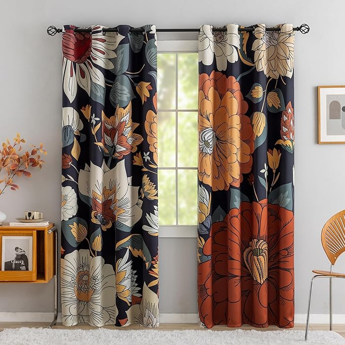 Black Boho Floral 100% Blackout Curtains for Bedroom 84 inch Long 2 Panels Mid Century Botanical ... | Amazon (US)