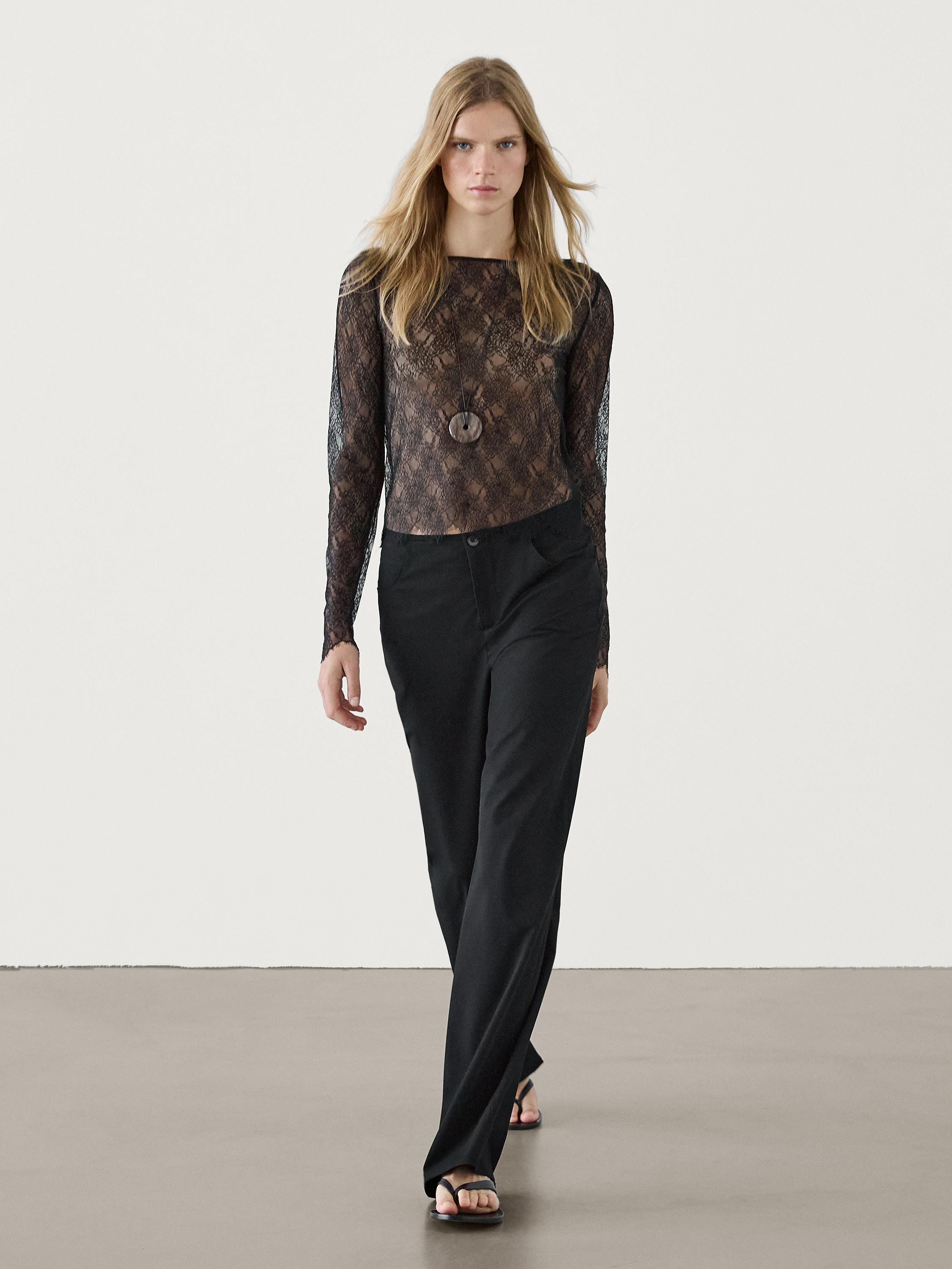 Long sleeve lace top  £49.95 Top. Boat neck. Long sleeves. Frayed hem. Lace detail. Semi-sheer f... | Massimo Dutti UK