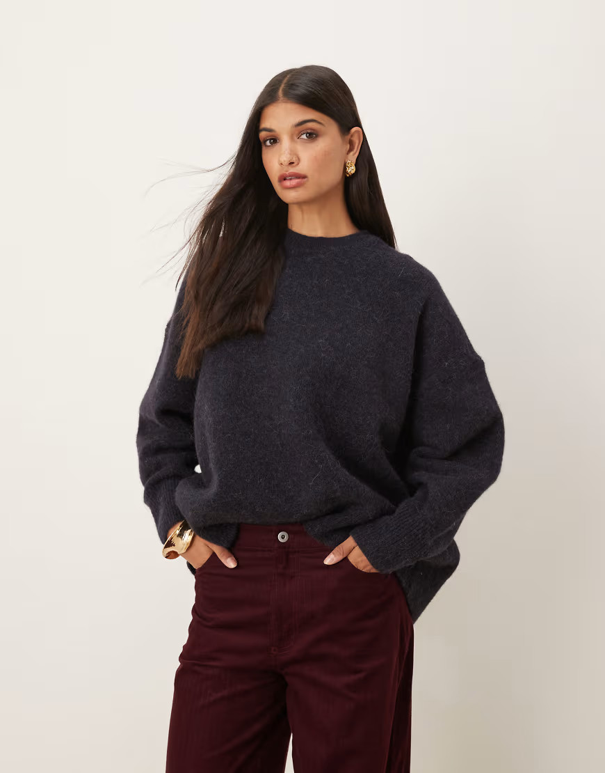ASOS DESIGN premium wool and alpaca oversized crew neck sweater in slate navy | ASOS (Global)